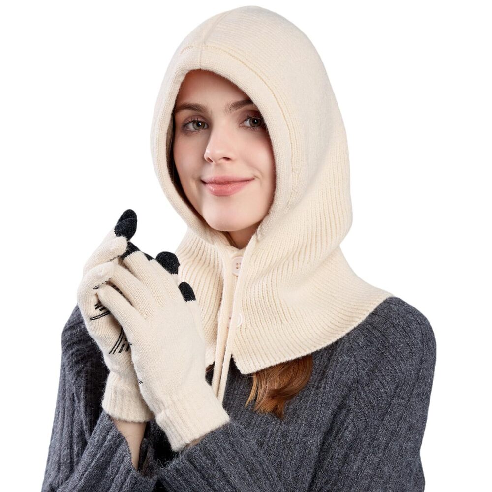 9170 Winter Beanie Hats Warm Hooded Scarf Hat Balaclava Neck Gaiters Knit